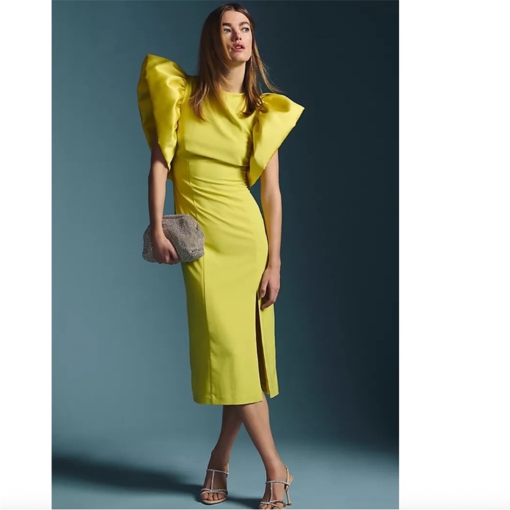 Anthropologie Yellow Midi Dress with Dramatic Sleeves